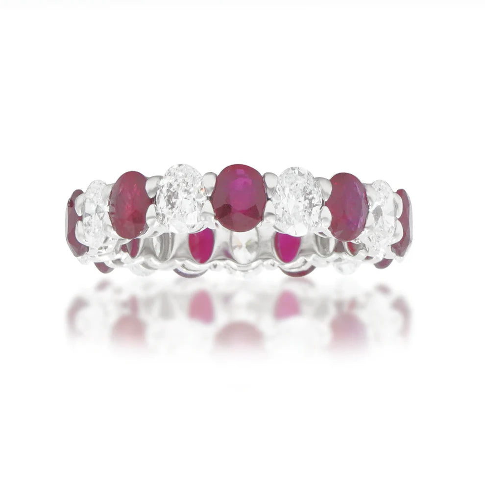 Lovelyn 4.44 Carat Oval Cut Diamond & Ruby Eternity Ring in 14K White Gold