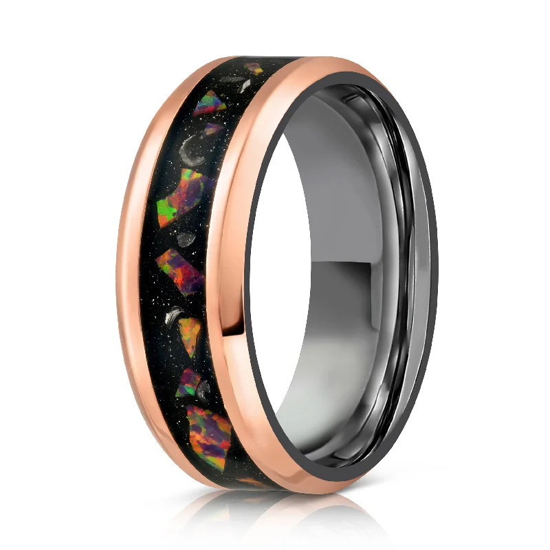 Men's anti - allergy rings for sensitive skin"Hades" Hammered Rose Gold / Black Zirconium x Galactic Opal - Meteorite - 8mm