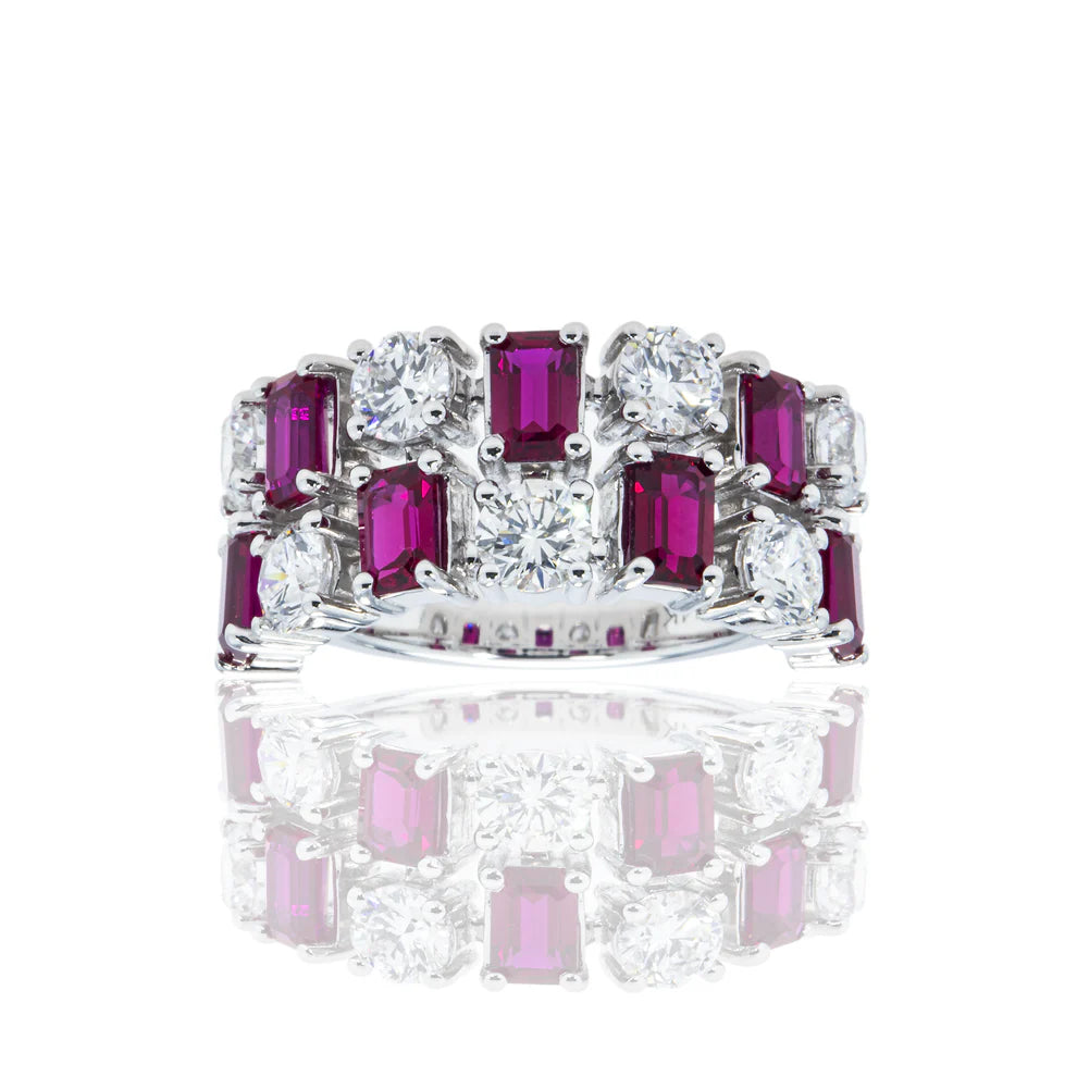 Leyah 34.20 Carat Emerald Cut Ruby & Round Cut Diamond Ring in 14K White Gold