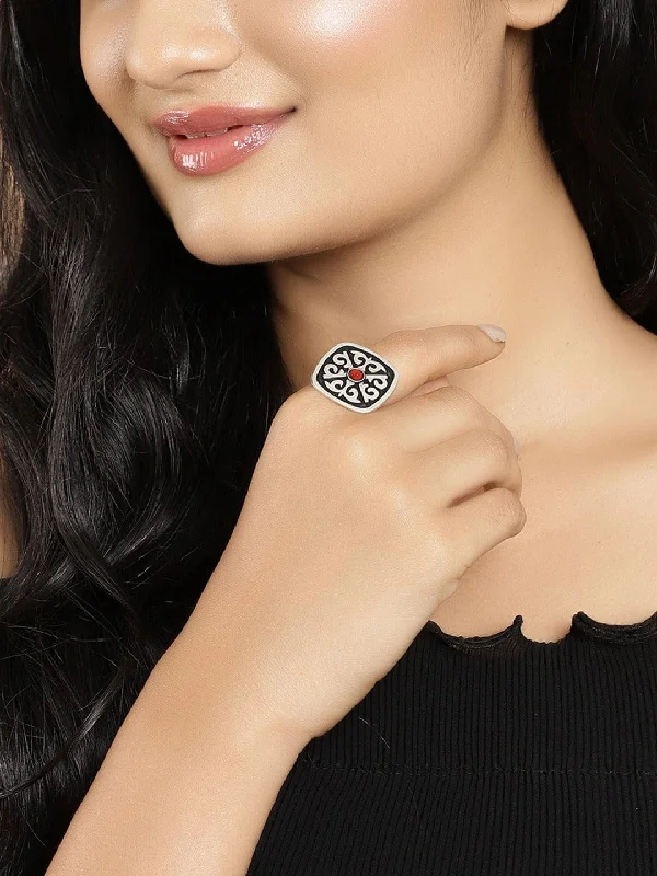 Magnetic Clasp Women's Rings for Easy Wearing and RemovalRubans  Silver Plated Oxidised Handcrafted Black Enamel Ring