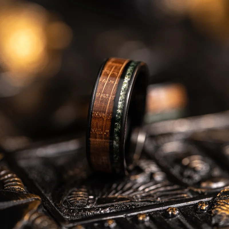 Men's gold signet rings with engraved initials"Atlas"  Whisky Barrel x Moss Agate Black Tungsten Ring