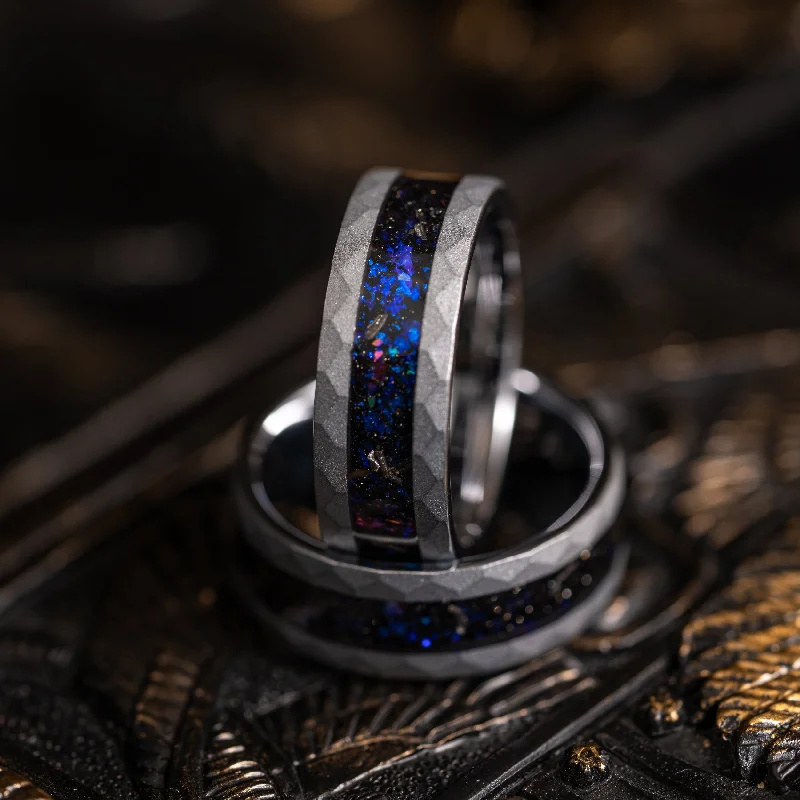 Men's diamond - encrusted engagement rings for a luxurious touch"Zeus" Hammered Nebula Ring- Meteorite and Opal- Silver 8mm
