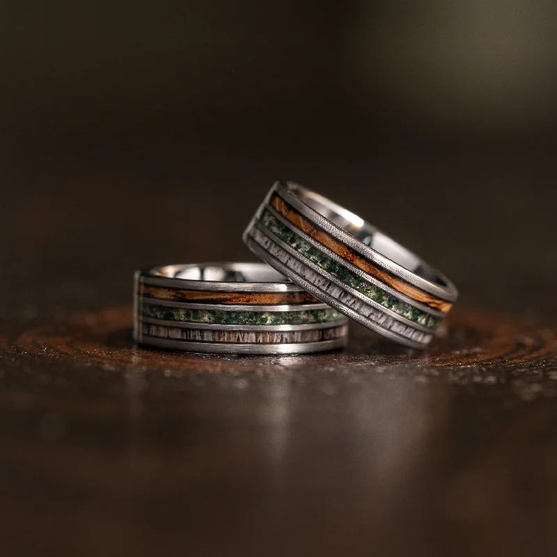 Men's turquoise - inlaid rings for a southwestern feel"Highlander"  Brushed Silver Tungsten with Whisky Barrel x Moss Agate x Antler