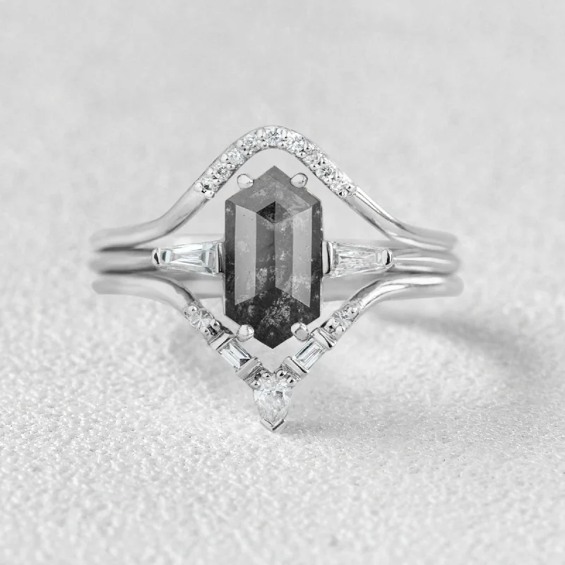Long Hexagon Salt and Pepper Diamonds Vintage Ring Set 3pcs