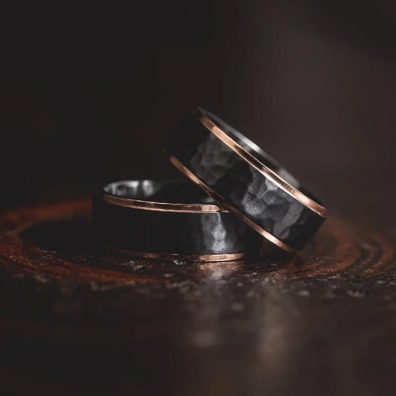 Men's tribal - print rings for a unique aesthetic"Hades" Hammered Black Zirconium x Rose Gold Tungsten- 8mm