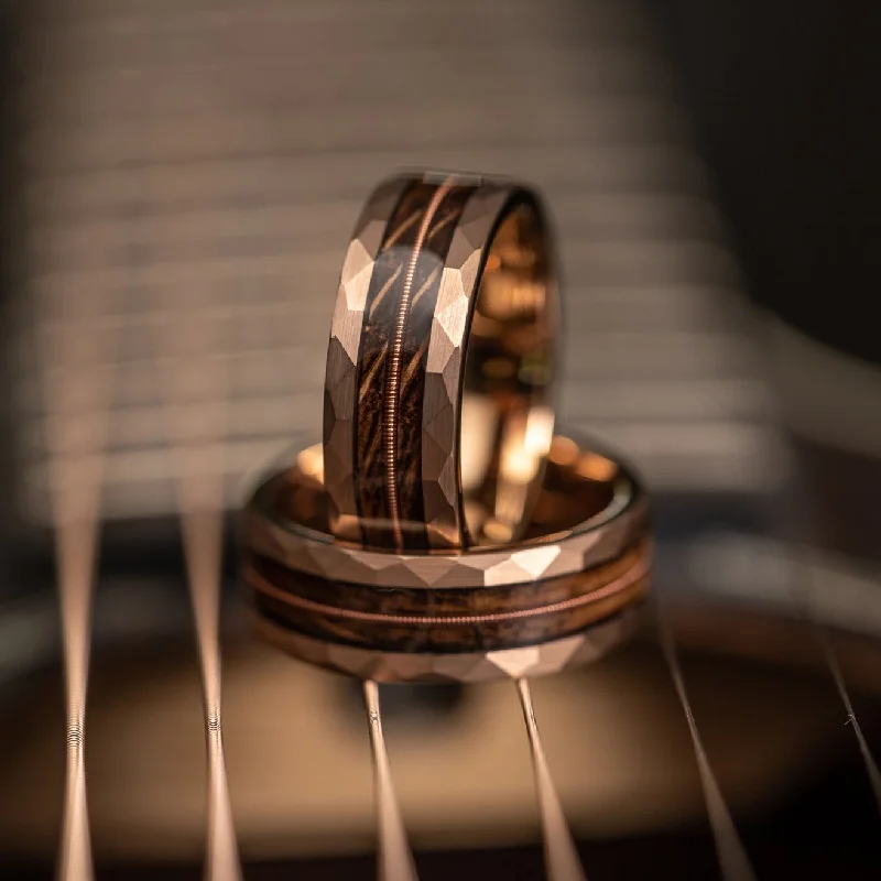 Men's emerald - encrusted rings for a rich green tone"Rhythm & Whiskey"  Whiskey Barrel Wood x Guitar String Ring- Rose Gold Hammered Tungsten