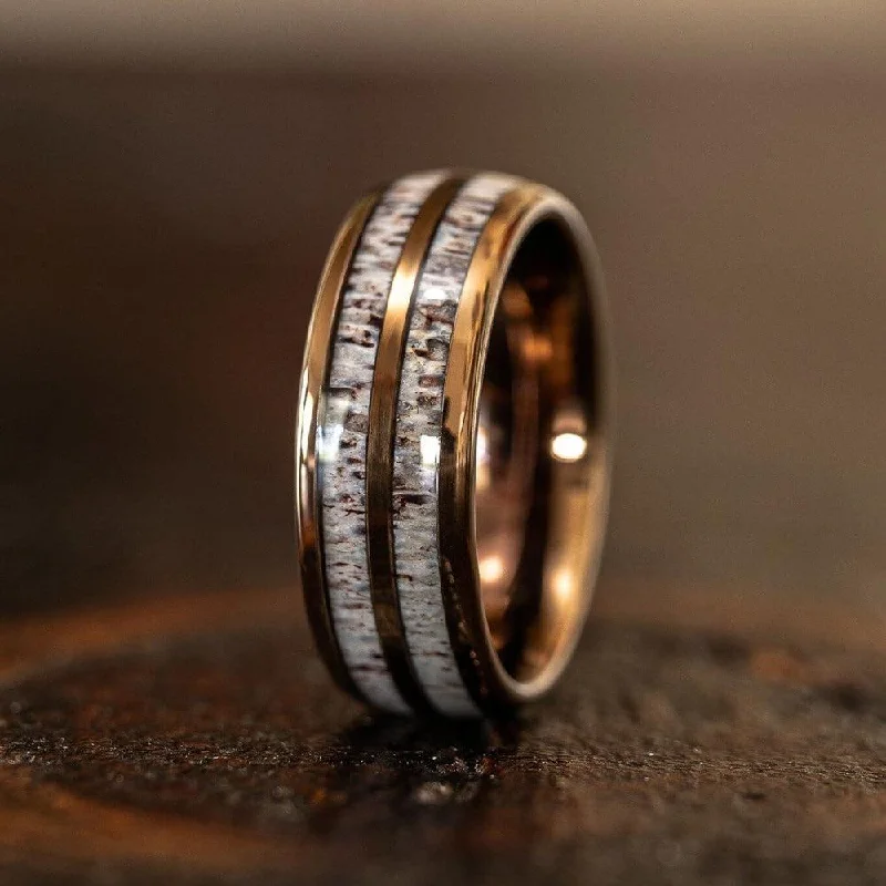 Men's meteorite - inlay rings for a cosmic touch"Dionysus"  Double Barrel Naturally Shed Antler Rose Gold Tungsten Ring- Domed