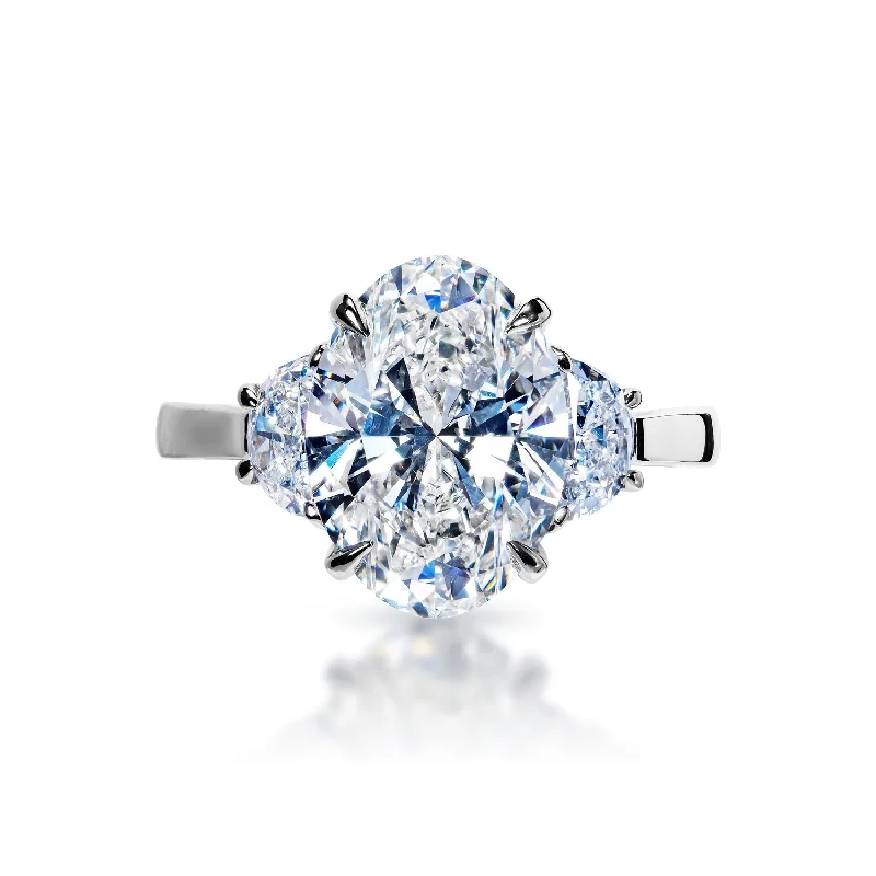 Leya 5 Carat H VS2 Lab Grown Oval Cut with Half Moon Diamond Engagement Ring in Platinum