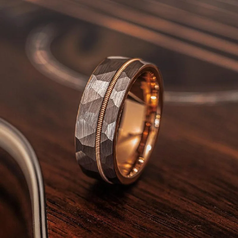 Men's laser - engraved rings with custom messages"Zeus" Hammered Guitar String Ring- Silver with Guitar String